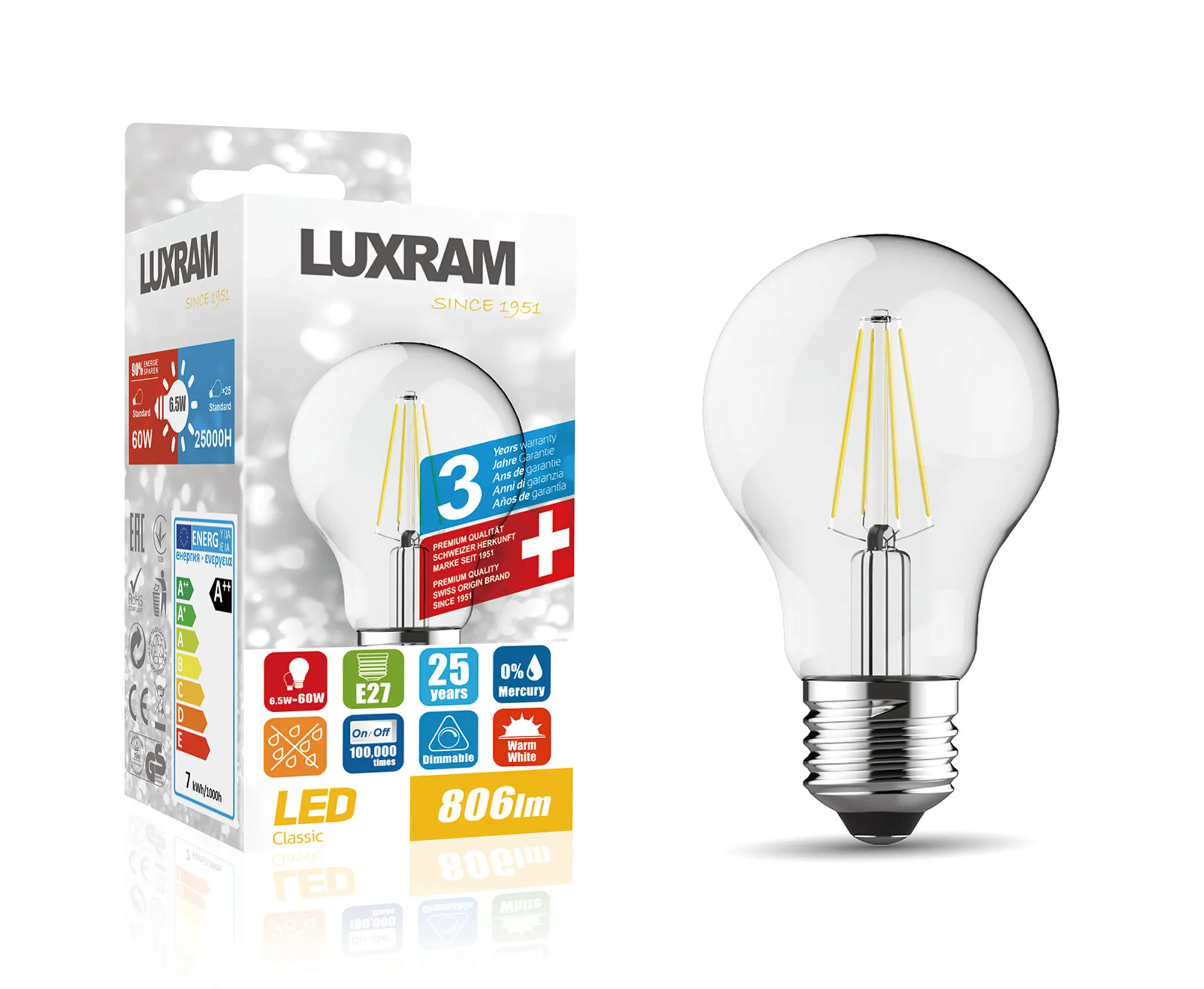 Value Classic LED GLS E27 Dimmable 6.5W 3000K 806lm 1410112  Luxram Value Classic